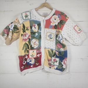 Vintage 1994 Susan Bristol Hand Embroidered Floral Cardigan Sweater Cotage Core